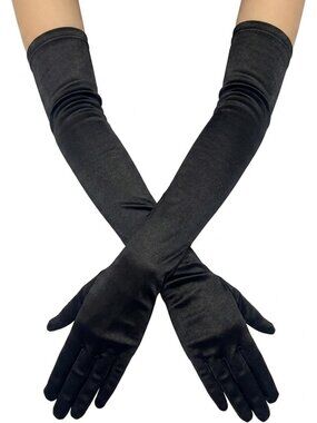 Women's Black Satin Opera Length Stretch Elbow Long Evening Party Gloves